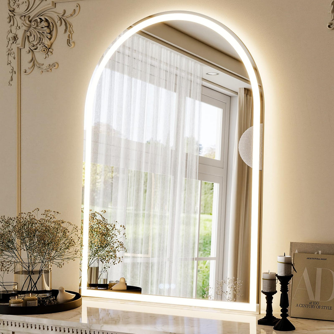 Koonmi 100 x 75cm LED Badezimmerspiegel mit Hintergrundbeleuchtung, gewölbter Kosmetikspiegel mit An