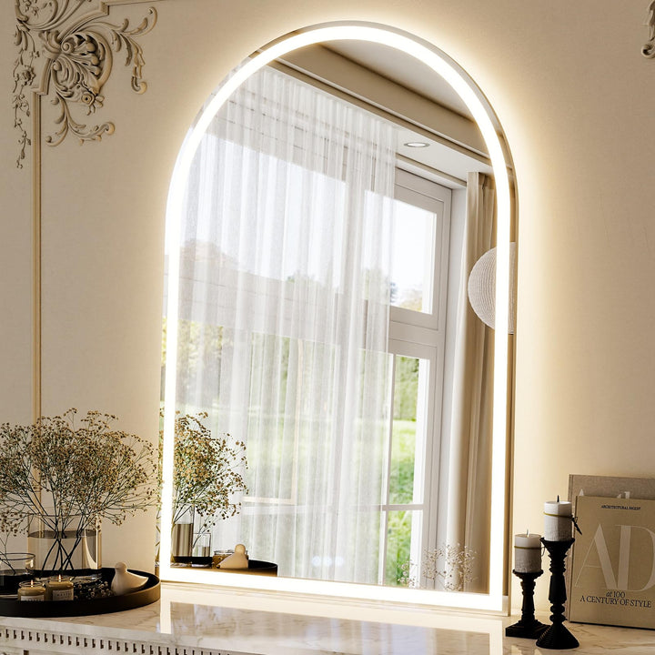Koonmi 100 x 75cm LED Badezimmerspiegel mit Hintergrundbeleuchtung, gewölbter Kosmetikspiegel mit An