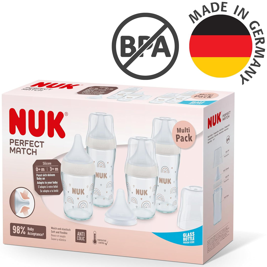 NUK Perfect Match Glas-Babyflaschenset | Ab 6 Mon. | Passt sich dem Baby an | Temperature Control |