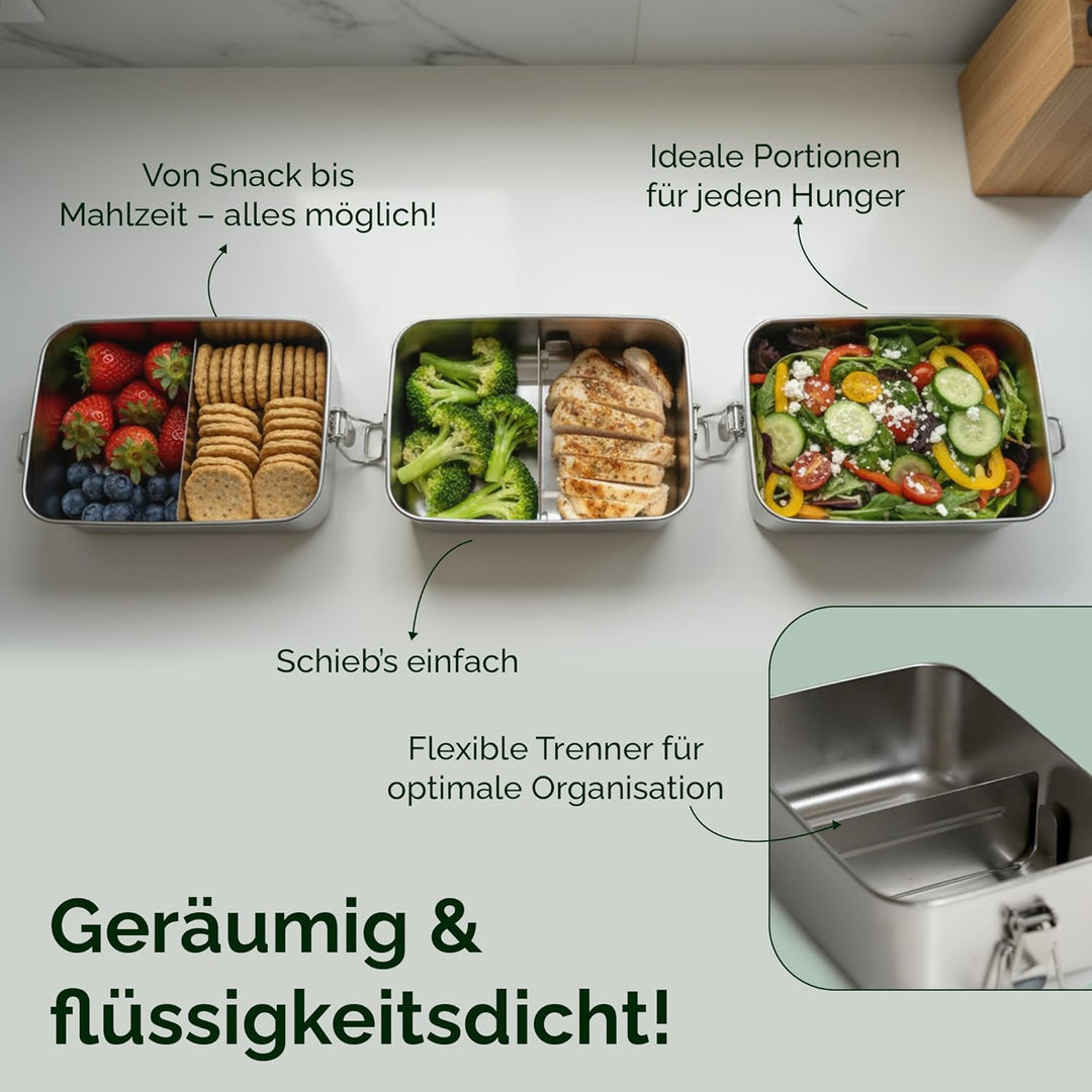 Premium Edelstahl Brotdose – Nachhaltige &amp; plastikfreie Lunchbox mit Trenner, Ersatzdichtung &amp; Trans