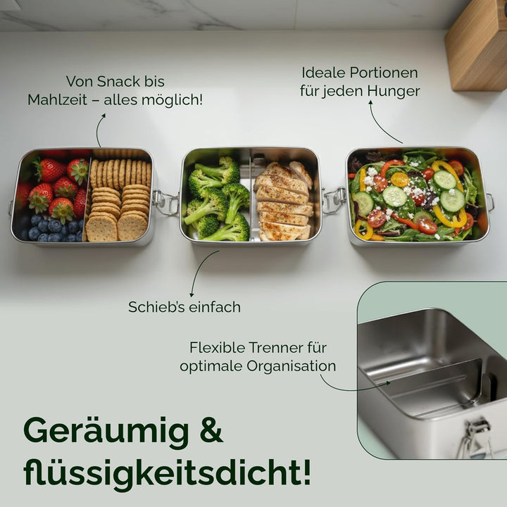 Premium Edelstahl Brotdose – Nachhaltige &amp; plastikfreie Lunchbox mit Trenner, Ersatzdichtung &amp; Trans