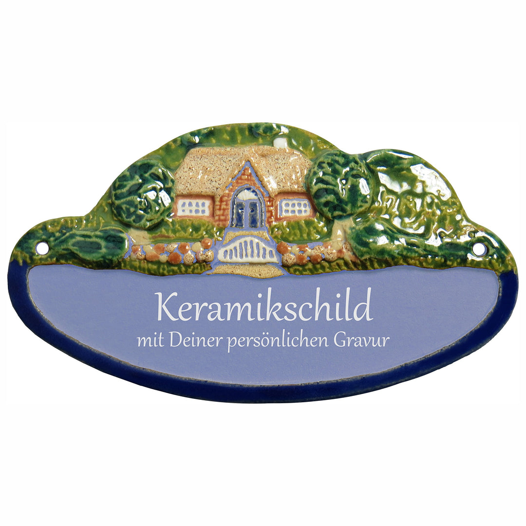 Handarbeit aus Schleswig-Holstein Keramikschild 18,0 x 10,0 cm Landhaus mit Bäumen (hellblau), Hellb