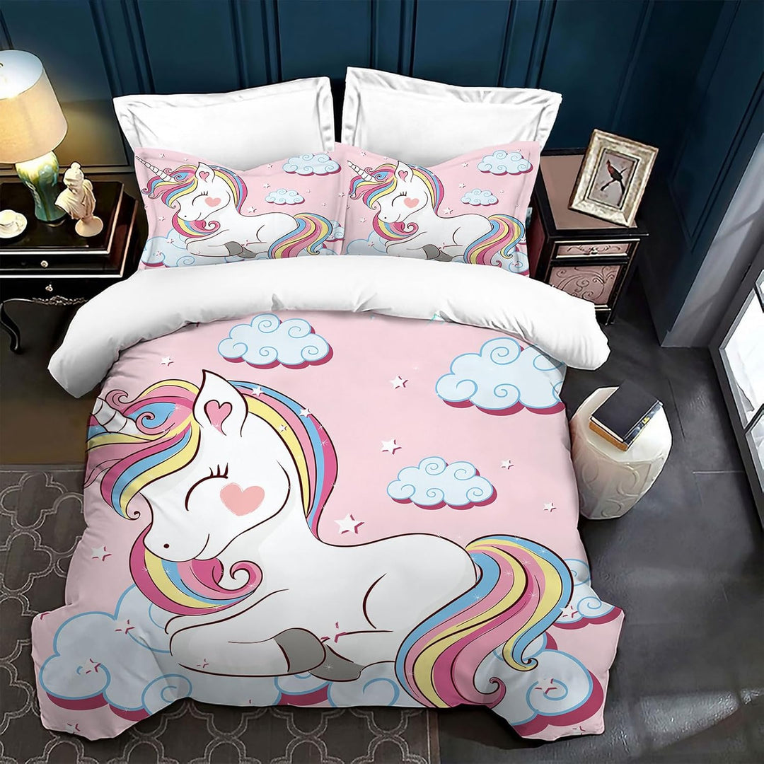TSOPEFI Rosa Einhorn Mädchen Bettwäsche Set,Cartoon Einhorn Muster Kinder Bettbezug Set,Regenbogen W