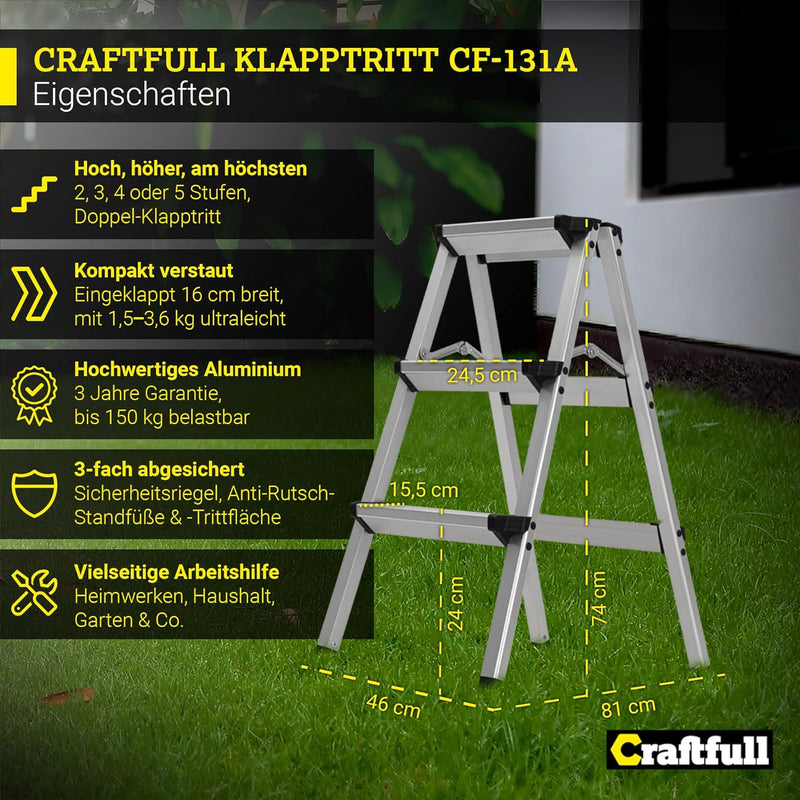 𝐂𝐑𝐀𝐅𝐓𝐅𝐔𝐋𝐋 Alu Stehleiter CF-131A | 𝟑 𝐉𝐀𝐇𝐑𝐄 𝐆𝐀𝐑𝐀𝐍𝐓𝐈𝐄 - 2-5 Stufen - Klappbar - Bis 150kg - Haushaltsl