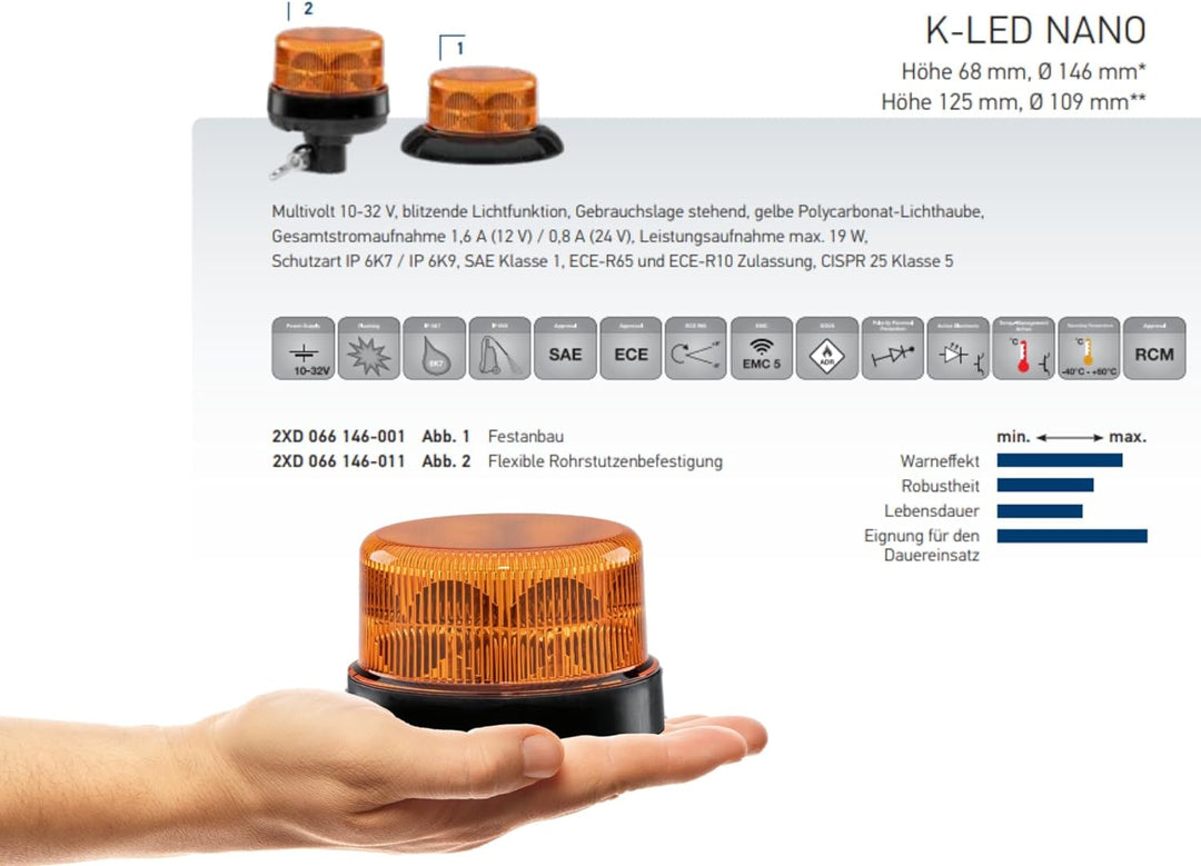HELLA - LED-Blitz-Kennleuchte - K-LED Nano - 12/24V - gelb - geschraubt - Kabel: 150mm - Stecker: Fl