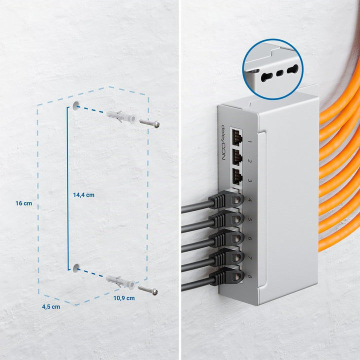 deleyCON CAT 6 Patchpanel Verteilerfeld 8 Port - Desktop &amp; Wandmontage - Geschirmt - 8x RJ45 Buchse
