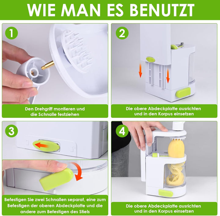 Spiralschneider Gemüse, 4 in 1 Zucchini Nudeln Spiralschneider mit Auffangbehälter, BPA-frei, Zucchi