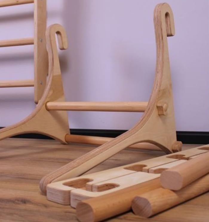 Komplettes Set aus robusten Trainingsgeräten aus Holz: stabile Dip-Stange und Klimmzugstange – 5-stu
