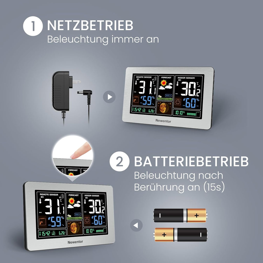 Newentor Wetterstation Funk mit Aussensensor - Funkwetterstation mit Wettervorhersage, Temperaturwar