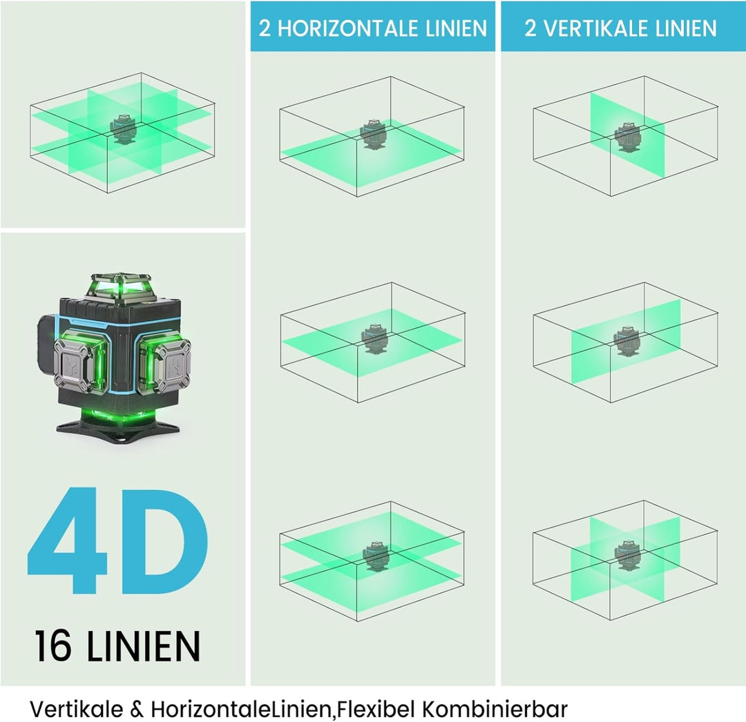Kreuzlinienlaser mit Stativ, 4 x 360 ° Grün Laser Wasserwaage Selbstnivellierend 4D 16 Linienlaser f
