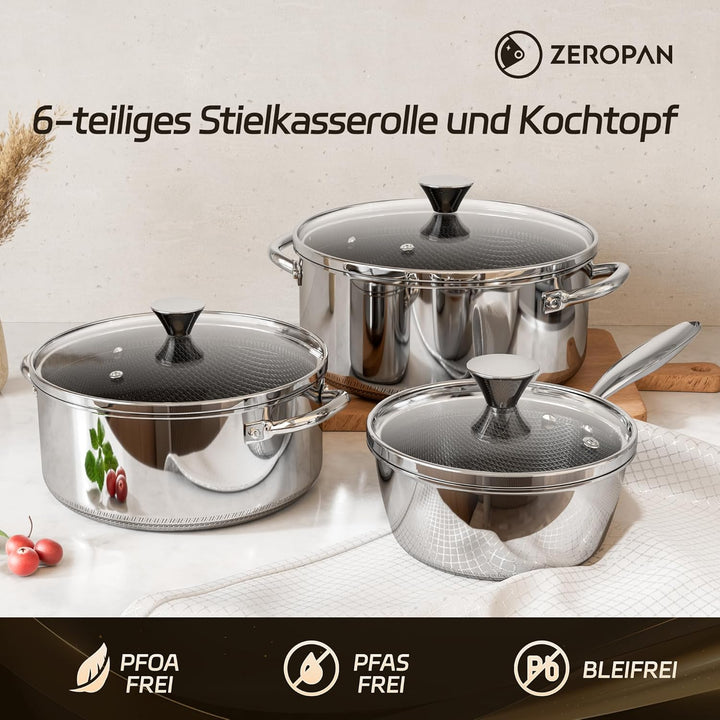 Topfset Antihaft mit Deckel 16+20+24 cm, Kochtopfset Induktion, kühl bleibender Griff, spülmaschinen