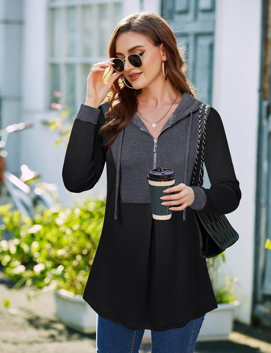 Siddhe Pullover Damen Hoodie 1/4 Zip Farbblock Sweatshirt Kapuzenpullover Tunika mit Reissverschluss