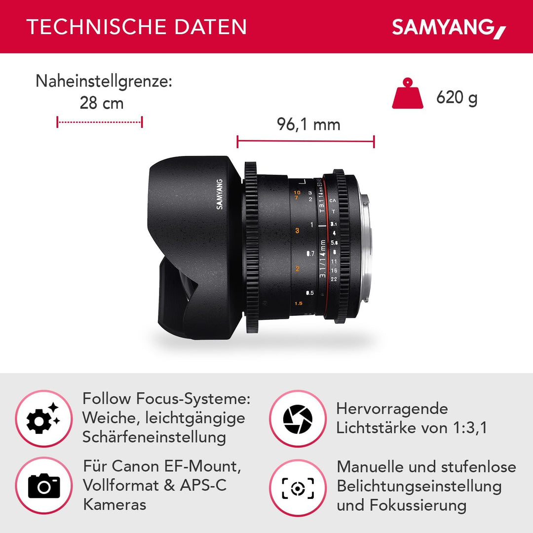 Samyang 14/3,1 Objektiv Video DSLR II Canon EF manueller Fokus Videoobjektiv 0,8 Zahnkranz Gear, Wei