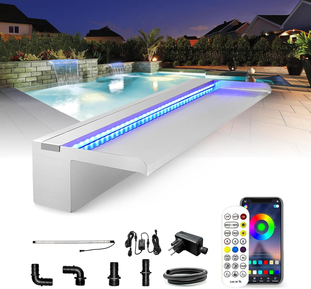 LONGRUN Edelstahl Wasserfall Überlauf, APP Kontrolle Multi-Farben LED-Licht Draussen Pool Brunnen, K