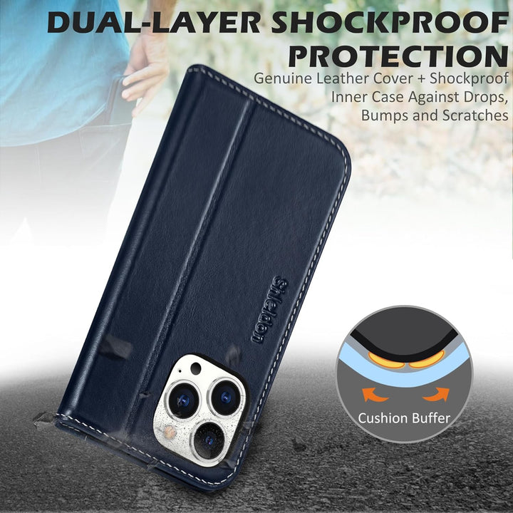 SHIELDON Hülle für iPhone 15 Pro Max, Schutzhülle [Rindsleder] [Stossfest] [Kartenfach] [Magnet] [St
