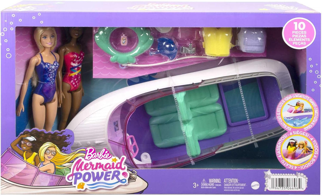 Barbie Malibu Roberts & Brooklyn Puppe - 45,7 cm Schnellboot, 4 Puppen Platz, Glasboden, Schwimmreif