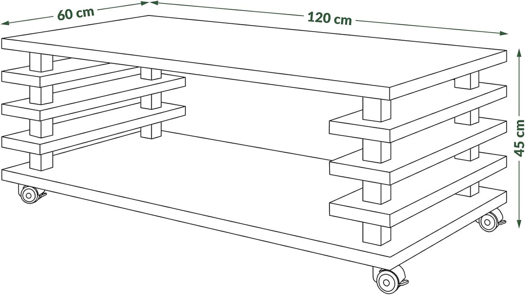 Design Couchtisch DC-3 Tisch Wohnzimmertisch mit Rollen 120x60x40 / 45, Farbe:Nussbaum - Schwarz Hoc
