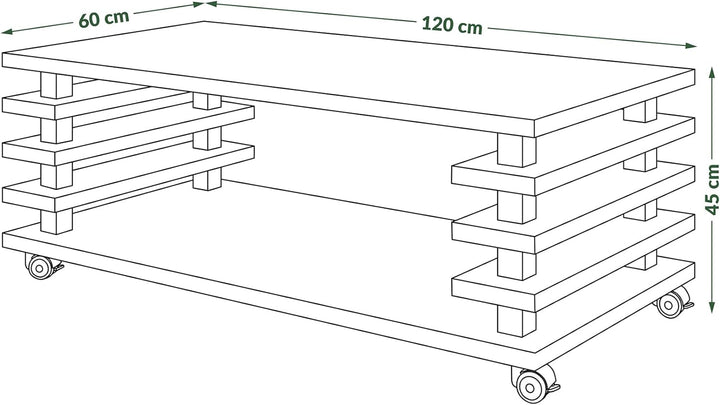 Design Couchtisch DC-3 Tisch Wohnzimmertisch mit Rollen 120x60x40 / 45, Farbe:Nussbaum - Schwarz Hoc