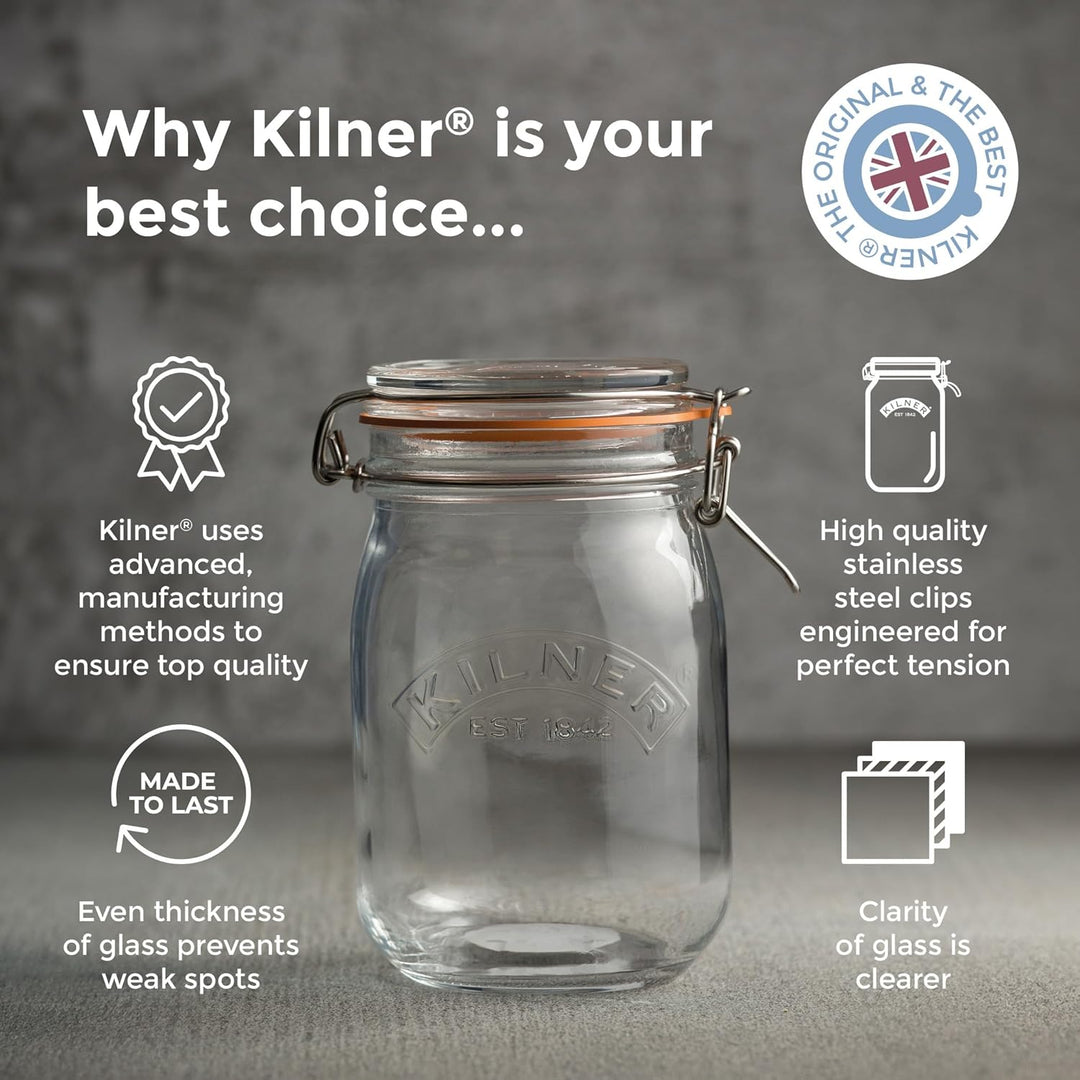Kilner Einmachglas mit Bügelverschluss 2,1 L rund, Robustes luftdichtes Vorratsglas mit Edelstahlbüg