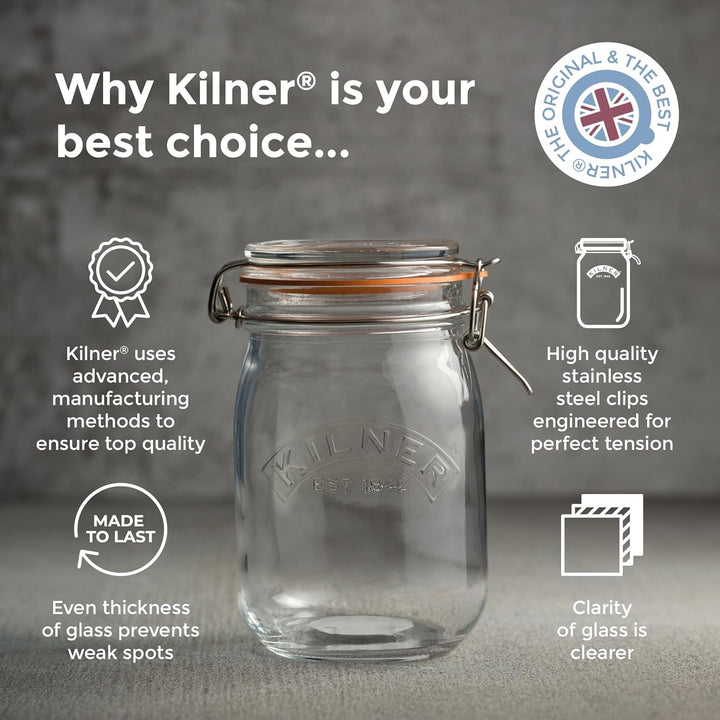 Kilner Einmachglas mit Bügelverschluss 2,1 L rund, Robustes luftdichtes Vorratsglas mit Edelstahlbüg
