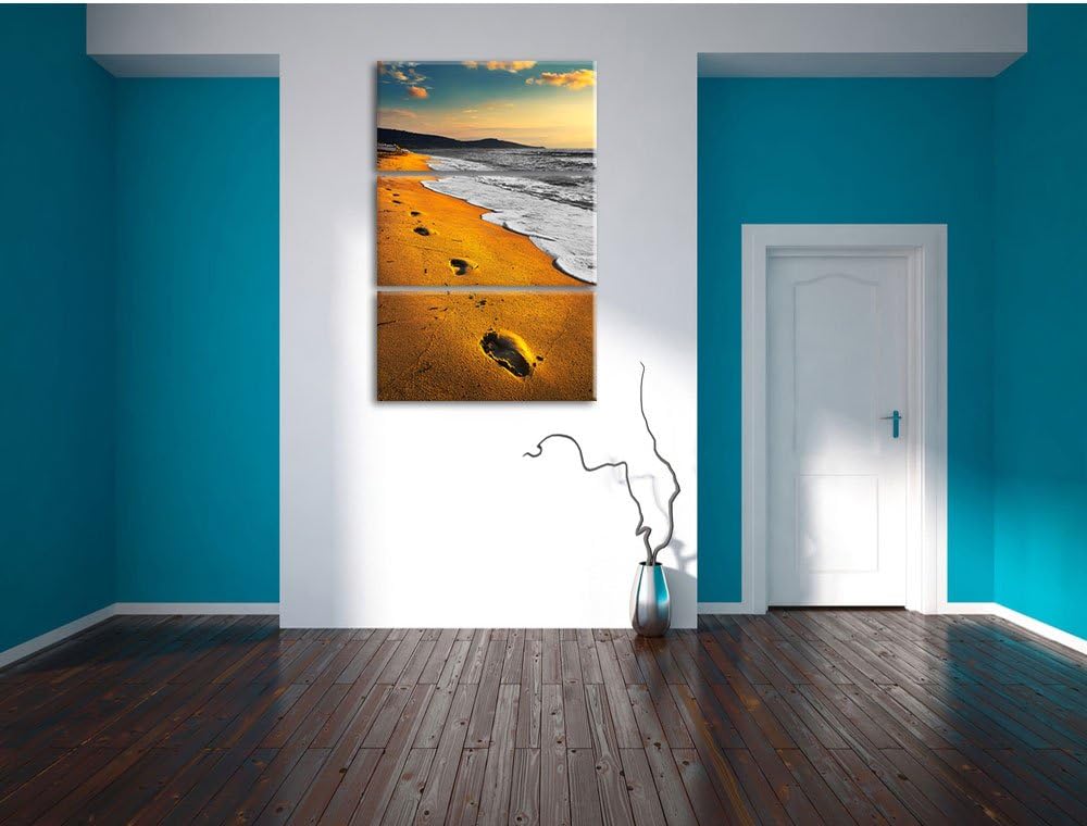 Pixxprint Spuren Im Sand am weiten Meer/Format: 3-Teiler (120x80cm) cm/Leinwandbild fertig bespannt