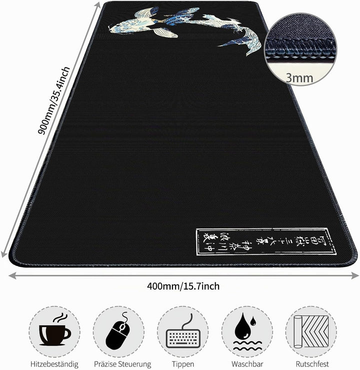 Mauspad XXL,Anime Mousepad 900x400mm Japanischer Koi Mauspad Gaming mit Rutschfester Gummibasis,Gena