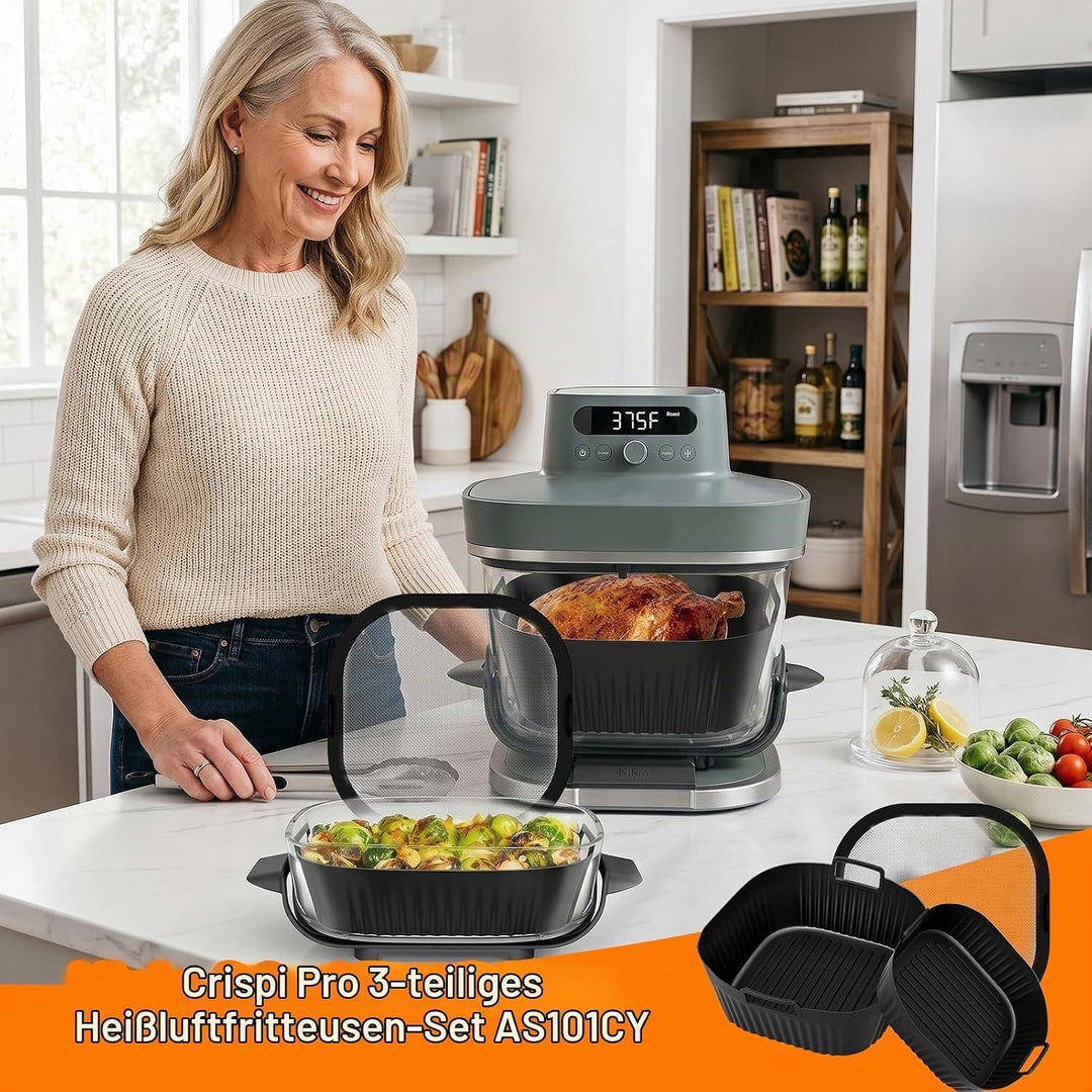 3 Stück Airfryer Silikon Zubehör für Ninja Crispi Pro AS101 Spritzschutzgitter + Silikonauskleidung