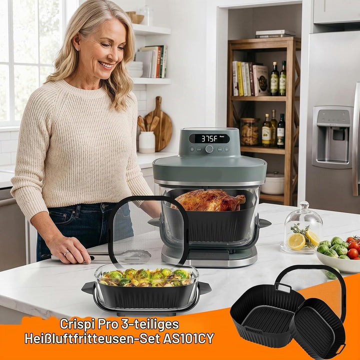 3 Stück Airfryer Silikon Zubehör für Ninja Crispi Pro AS101 Spritzschutzgitter + Silikonauskleidung