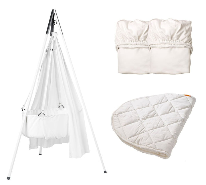 Leander Wiegen-SET - "ALL INCLUSIVE": Wiege weiss mit Stativ weiss, Schleier weiss, 2 Spannbetttüche