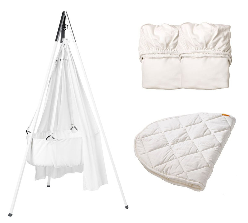 Leander Wiegen-SET - "ALL INCLUSIVE": Wiege weiss mit Stativ weiss, Schleier weiss, 2 Spannbetttüche