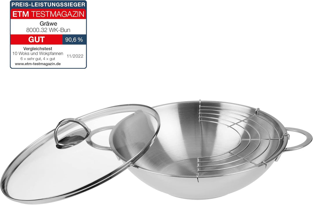 GRÄWE Edelstahl Wok 32 cm mit Glasdeckel und Ablagegitter, Edelstahl