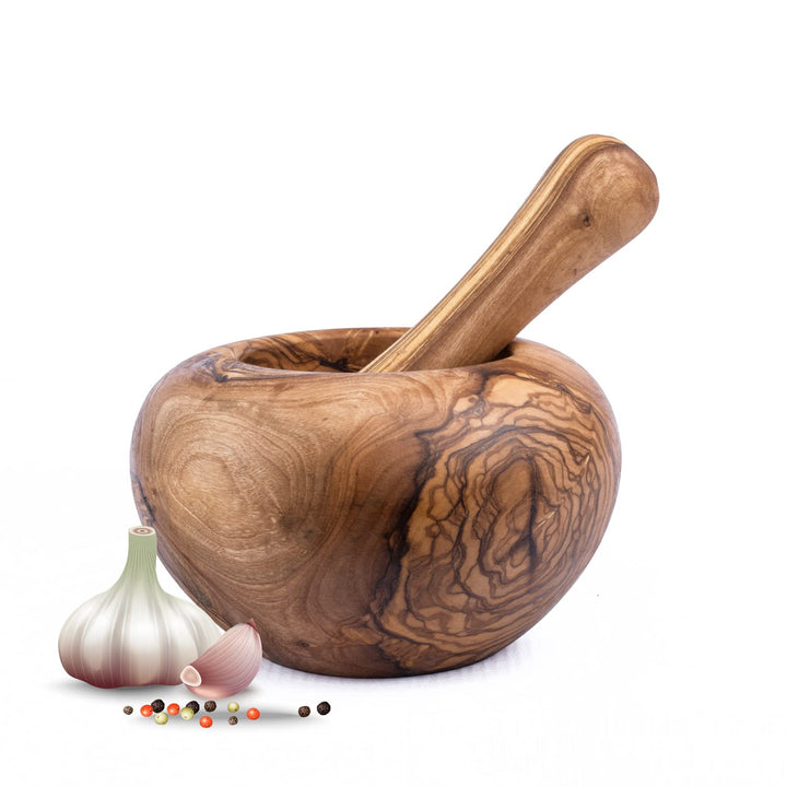 Mörser mit Stössel aus Olivenholz, Kräutermörser, handgefertigt mit Naturrand, Küchenmörser Holzmörs