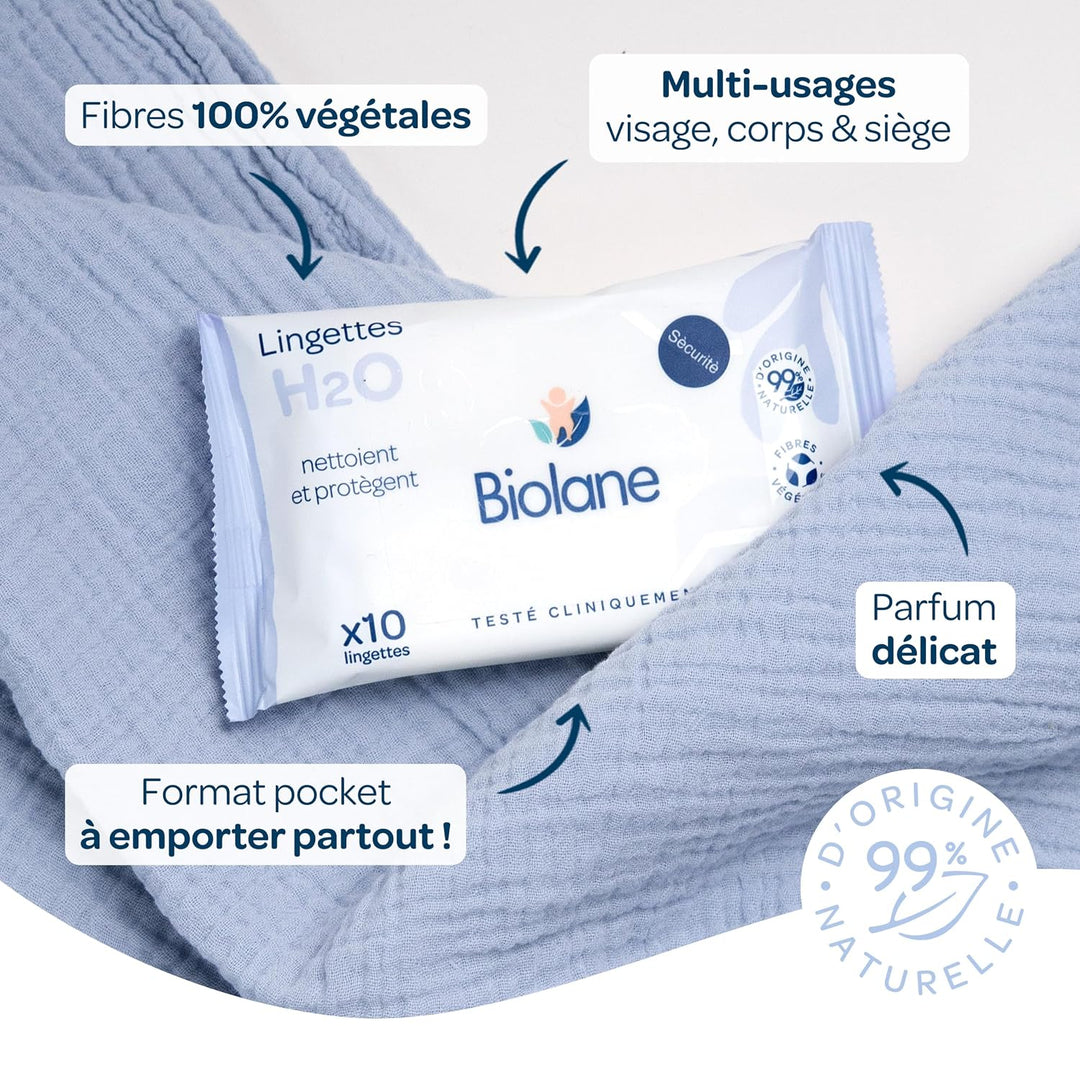 BIOLANE - Babytücher H2O mit Wasser – Pocket – Baby – 24 x 10 Stück (240 Tücher) – für empfindliche