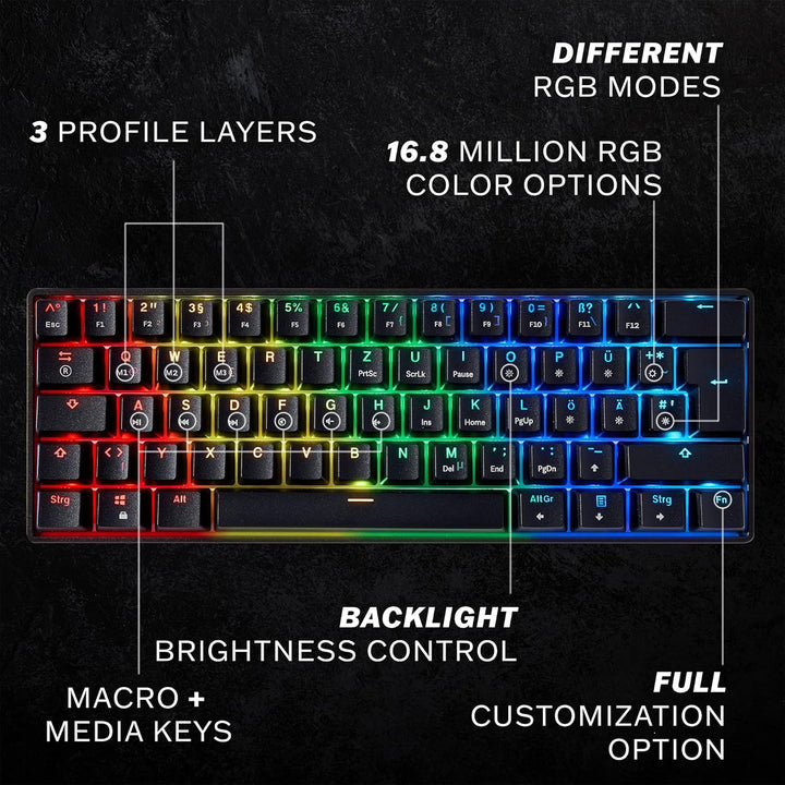 HK Gaming GK61 mechanische 60 Prozent Tastatur | 61 programmierbare Tasten mit RGB Beleuchtung | Kom