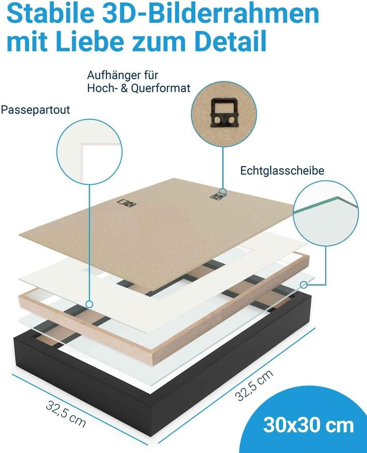 PHOTOLINI 3D Bilderrahmen zum Befüllen 30x30 Schwarz gross, 3 cm tiefer Objektrahmen mit Glas, 2X ti