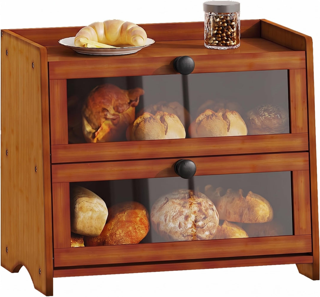 BAMBANG Gross Bambus Brotkasten für Küchentheke, 2 Stufe Bauernhaus Brotbox, Holz Brotkasten Brotauf