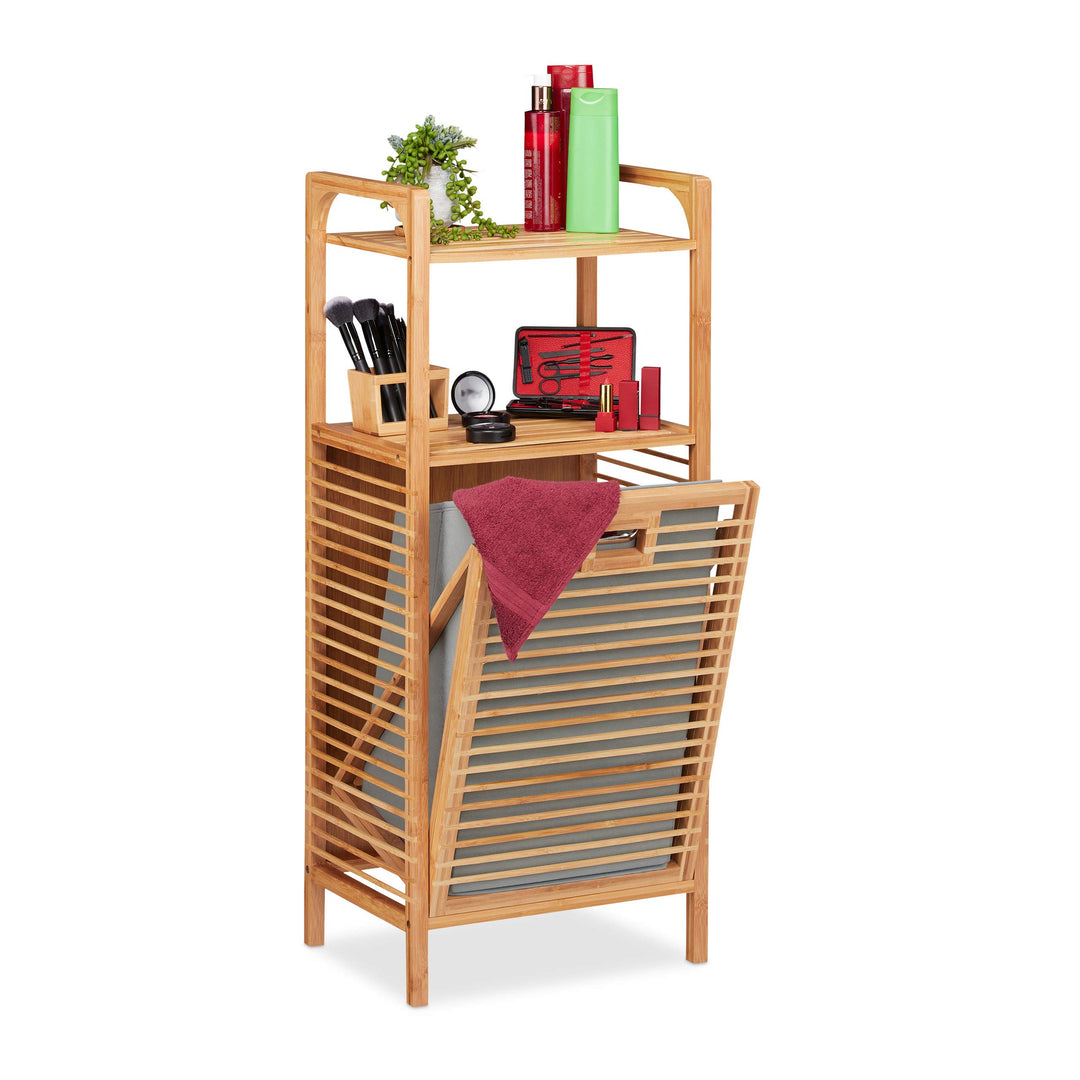Relaxdays Badregal mit Wäschekorb, herausnehmbare Faltbox aus Stoff, Regal aus Bambus, HBT 95 x 40 x