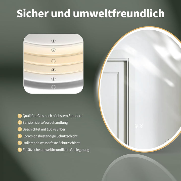 HOKO LED Badspiegel Beschlagfrei rund 80 cm Stockholm mit Metall Rahmen Gold. Runder Wandspiegel Ene