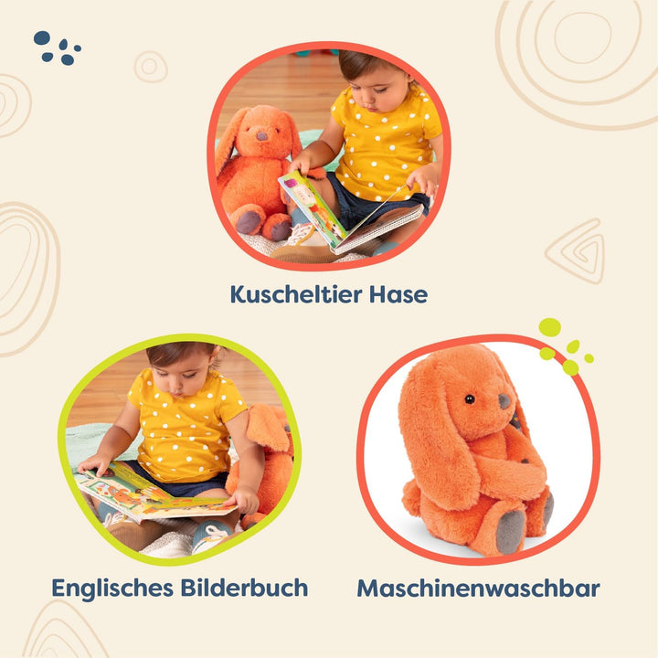 B. toys Kuscheltier Hase mit Bilderbuch – Superweich mit langen Ohren – Plüschtier orange, Baby und