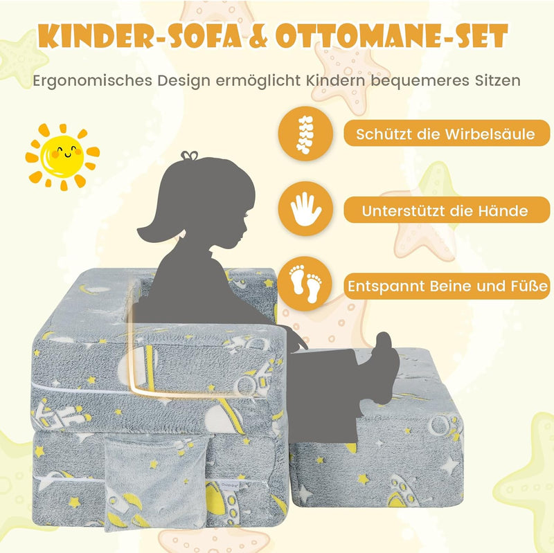 DREAMADE 4-in-1 Kindersofa ausklappbar, Kindersessel aus Samtstoff mit leuchtenden Mustern, abnehmba