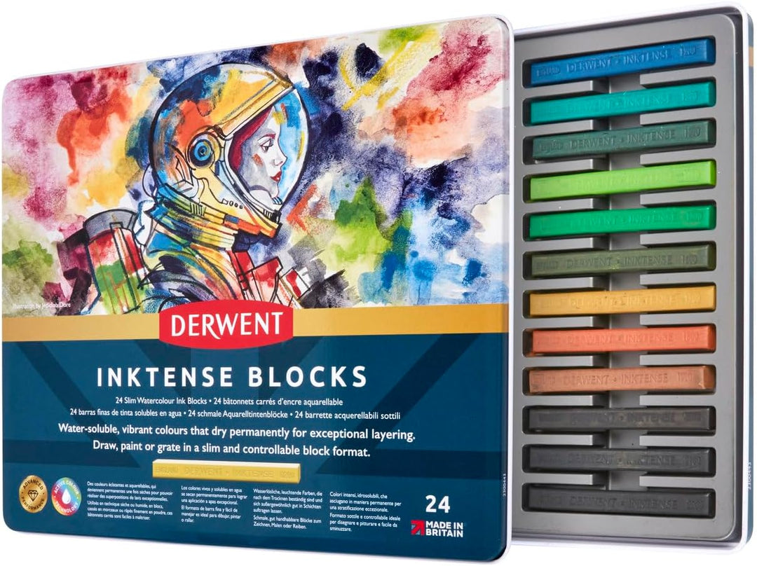 Derwent Inktense 24 Tintenblöcke, Set mit 24 Wasserfarben, Breite 8 mm, wasserlöslich, ideal zum Zei