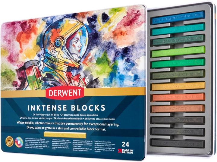 Derwent Inktense 24 Tintenblöcke, Set mit 24 Wasserfarben, Breite 8 mm, wasserlöslich, ideal zum Zei