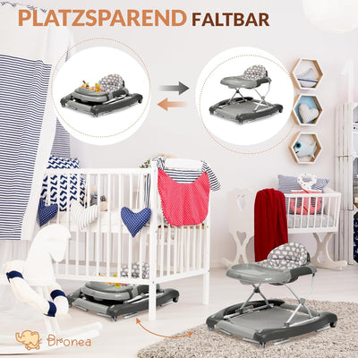 BRONEA 4-in-1 Gehfrei Baby ab 6 Monate | Lauflernwagen mit Schaukelfunktion und Spielpaneel mit Musi