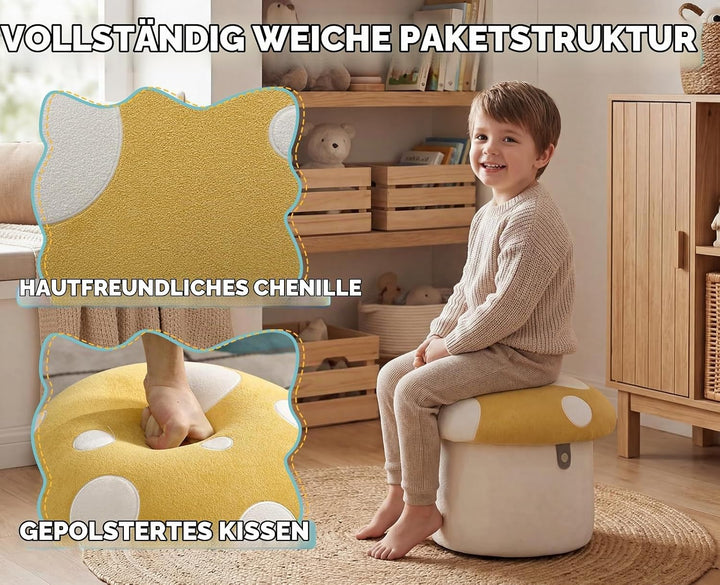 Ya-Home Kinder Aufbewahrungsbox aus Chenille in Pilzform mit verstecktem Stauraum – gepolsterte Spie