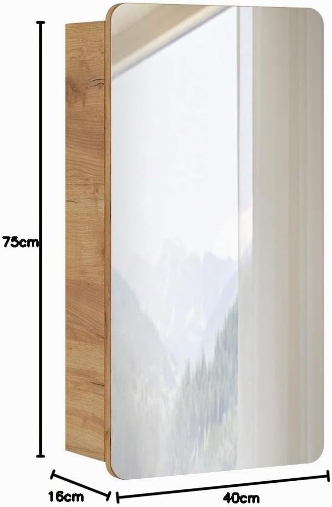 Lomadox Badmöbel Spiegelschrank 40 cm, Wotan Eiche Nb. Nb., 1-türig, 2 Einlegeböden, B/H/T ca. 40/75