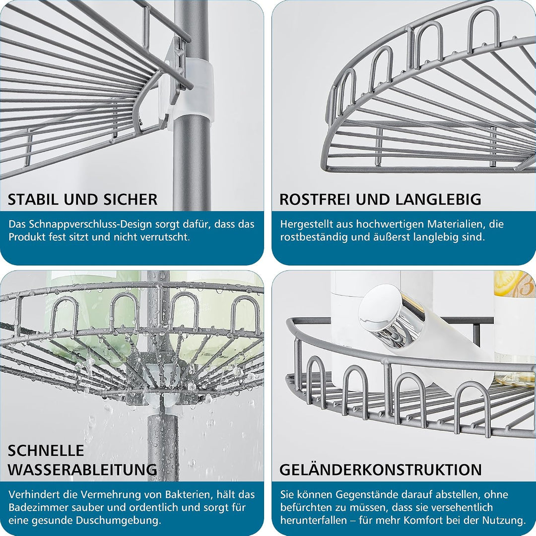 Duschablage ohne Bohren Edelstahl Teleskop Duschregal Duschgel Halterung Eckregal Bad mit 4 Körben,