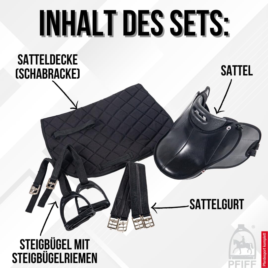 PFIFF 103106 Sattelset für Shettys oder Holzpferde, Komplettset, Kindersattel, Schwarz, Schwarz