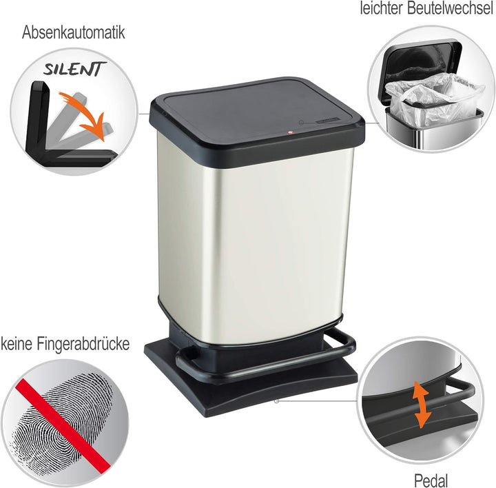 Rotho Paso Mülleimer 20l mit Pedal und Deckel, Kunststoff (PP) BPA-frei, weiss metallic, 20l (29,3 x