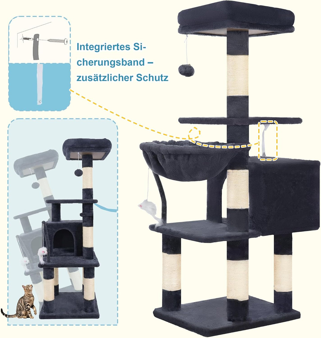 Hey-brother Kratzbaum, 111 cm Katzenbaum mit Spielzeug, Katzenkratzbaum mit Plattform, Hängematte un