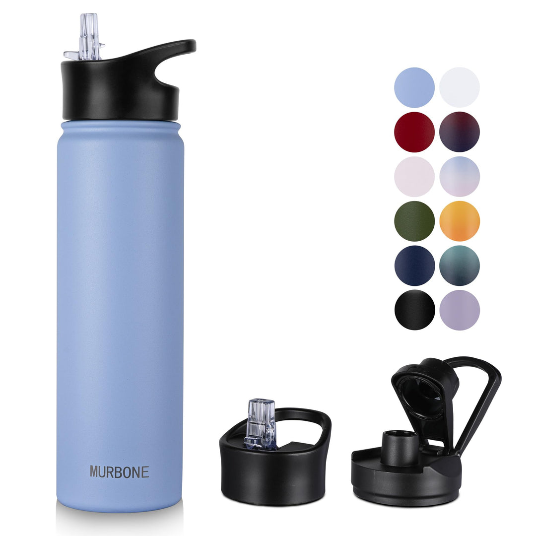 Edelstahl Trinkflasche 750ml (+2 Deckel)-mit Strohhalm,BPA frei,Thermosflasche Auslaufsicher,Kohlens